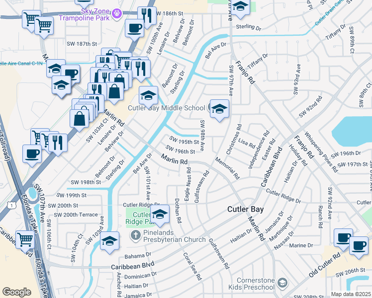 map of restaurants, bars, coffee shops, grocery stores, and more near 9855 Southwest 196th Street in Cutler Bay
