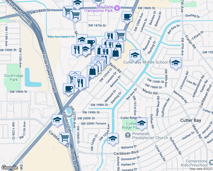 map of restaurants, bars, coffee shops, grocery stores, and more near 19515 Lenaire Drive in Cutler Bay