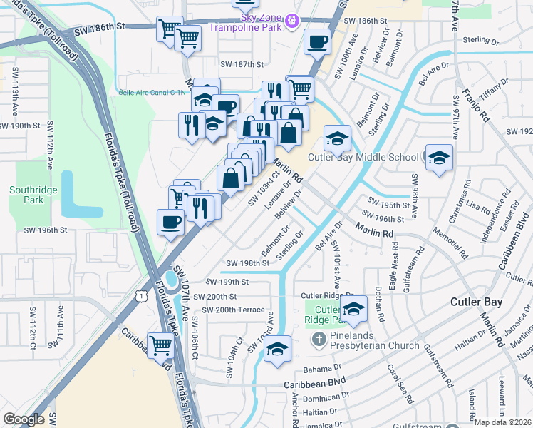 map of restaurants, bars, coffee shops, grocery stores, and more near 19515 Lenaire Drive in Cutler Bay