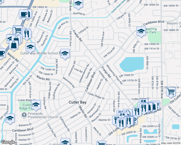 map of restaurants, bars, coffee shops, grocery stores, and more near 9430 Easter Road in Cutler Bay