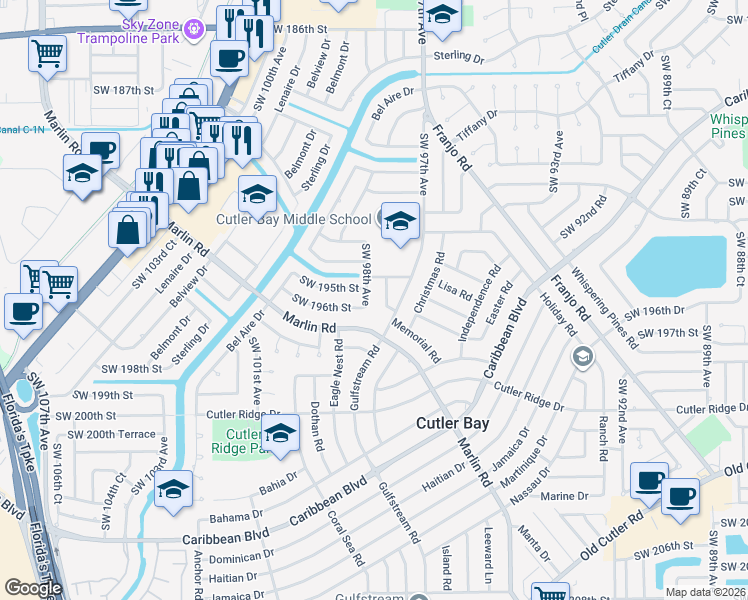 map of restaurants, bars, coffee shops, grocery stores, and more near 19515 Southwest 98th Avenue in Cutler Bay