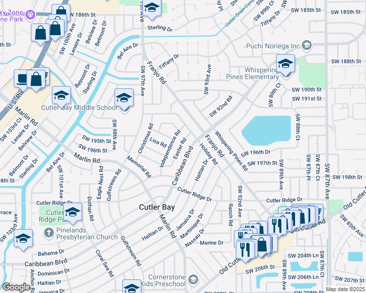map of restaurants, bars, coffee shops, grocery stores, and more near 9430 Easter Road in Cutler Bay