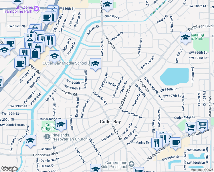 map of restaurants, bars, coffee shops, grocery stores, and more near 9551 April Road in Cutler Bay