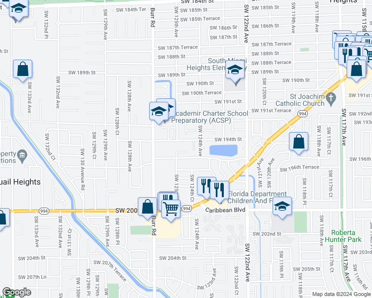 map of restaurants, bars, coffee shops, grocery stores, and more near 12477 Southwest 195th Street in Miami