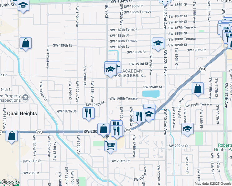 map of restaurants, bars, coffee shops, grocery stores, and more near 19450 Southwest 125th Avenue in Miami
