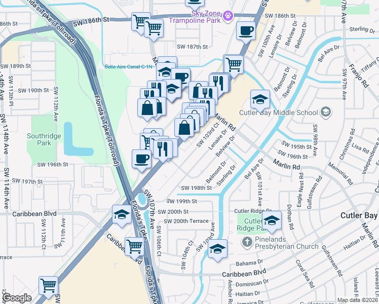 map of restaurants, bars, coffee shops, grocery stores, and more near 19533 Southwest 103rd Court in Cutler Bay