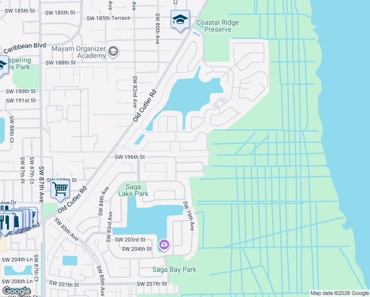 map of restaurants, bars, coffee shops, grocery stores, and more near 7855 Southwest 195th Terrace in Cutler Bay