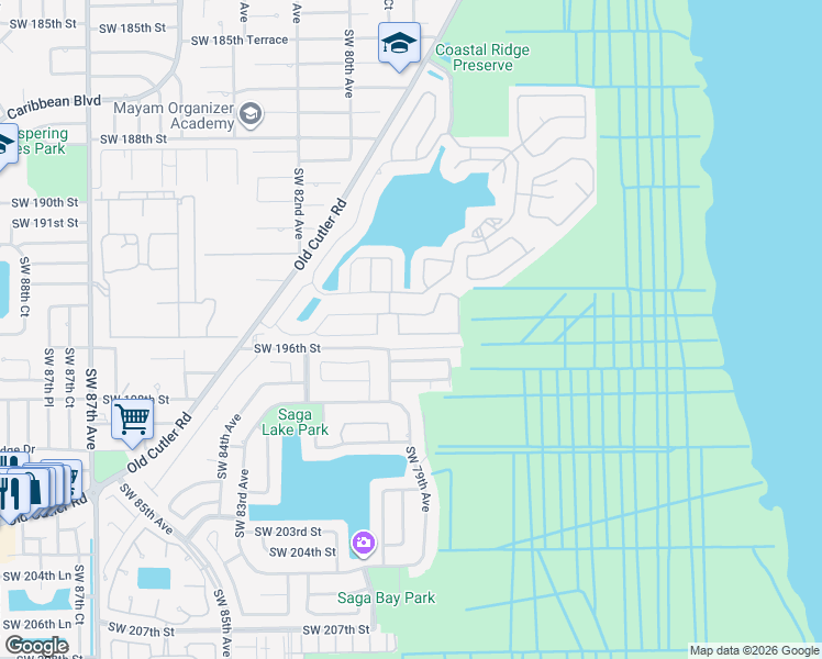 map of restaurants, bars, coffee shops, grocery stores, and more near 7855 Southwest 195th Terrace in Cutler Bay