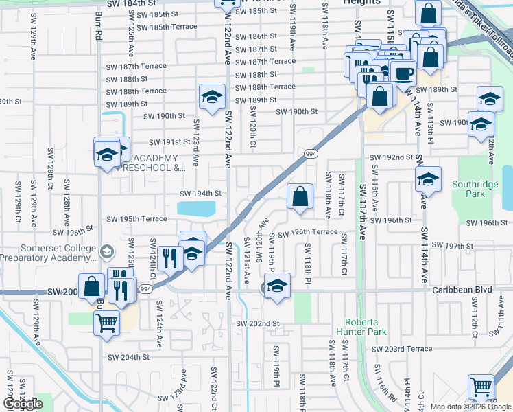 map of restaurants, bars, coffee shops, grocery stores, and more near 19502 Southwest 120th Avenue in Miami