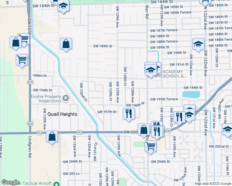map of restaurants, bars, coffee shops, grocery stores, and more near 19400 Southwest 129th Avenue in Miami