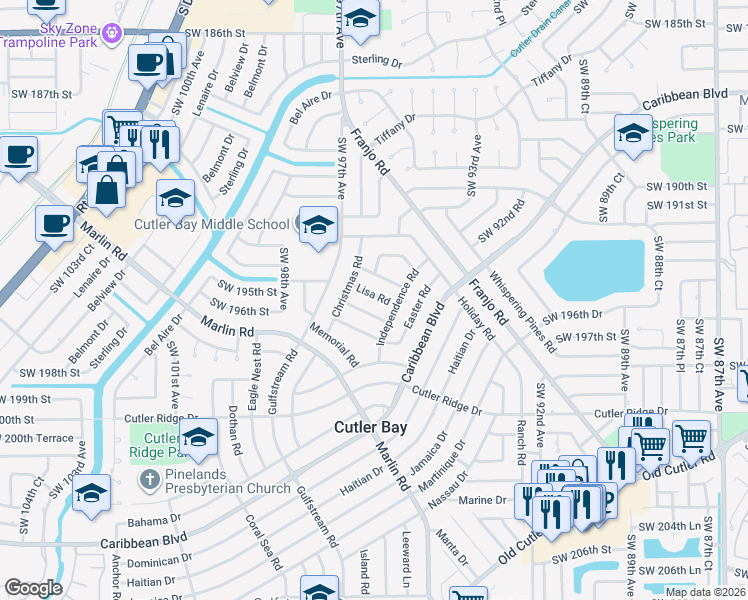map of restaurants, bars, coffee shops, grocery stores, and more near 9490 Lisa Road in Cutler Bay