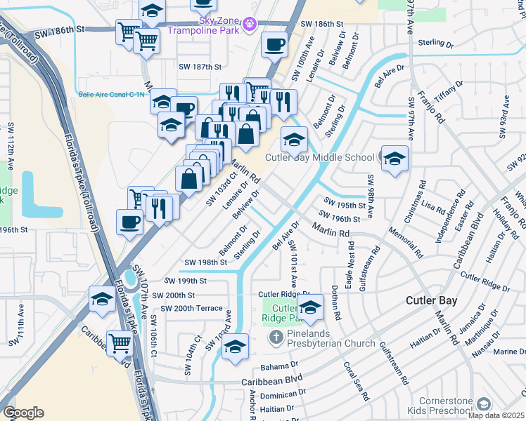 map of restaurants, bars, coffee shops, grocery stores, and more near 10200 Dolphin Road in Cutler Bay
