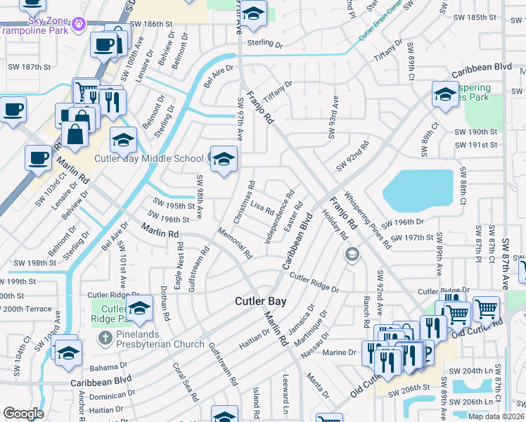 map of restaurants, bars, coffee shops, grocery stores, and more near 9490 Lisa Road in Cutler Bay