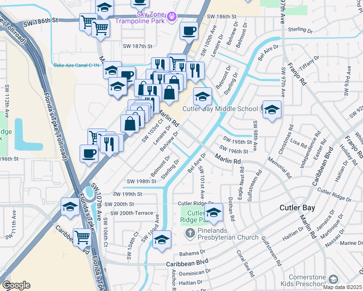 map of restaurants, bars, coffee shops, grocery stores, and more near 10200 Dolphin Road in Cutler Bay