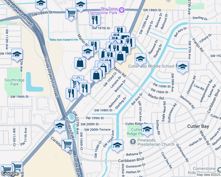 map of restaurants, bars, coffee shops, grocery stores, and more near 19515 Lenaire Drive in Cutler Bay