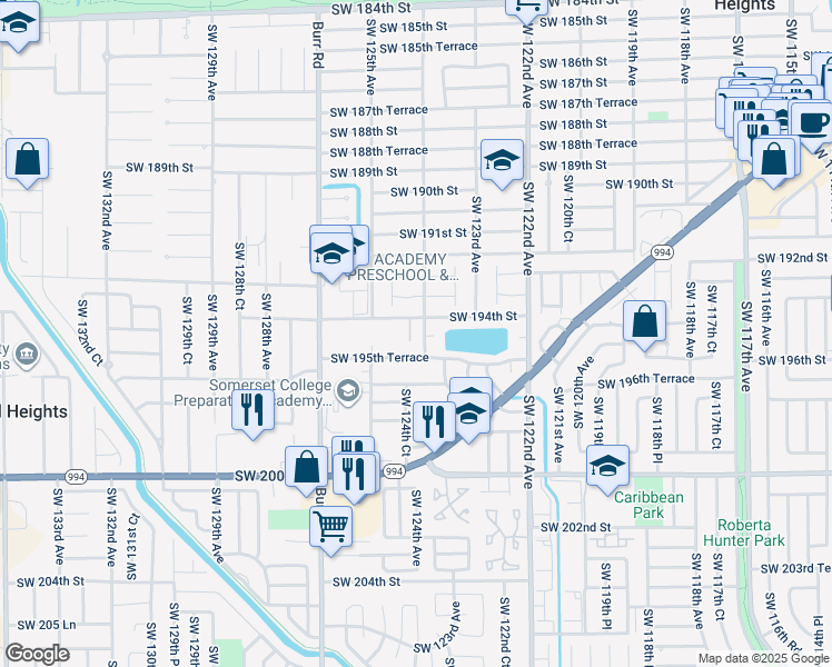 map of restaurants, bars, coffee shops, grocery stores, and more near 12477 Southwest 195th Street in Miami