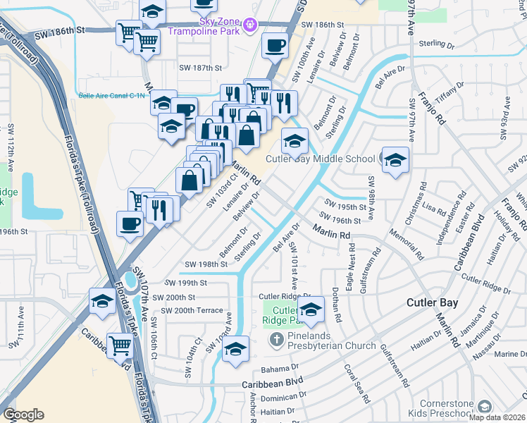 map of restaurants, bars, coffee shops, grocery stores, and more near 10200 Dolphin Road in Cutler Bay