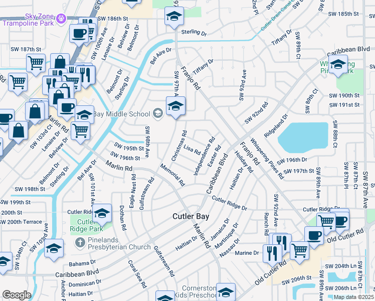 map of restaurants, bars, coffee shops, grocery stores, and more near 9551 April Road in Cutler Bay