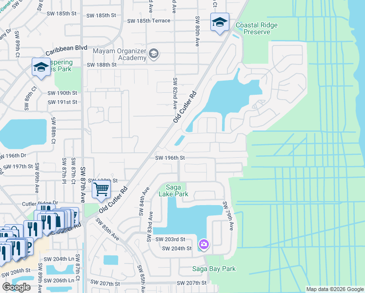 map of restaurants, bars, coffee shops, grocery stores, and more near 7998 Southwest 195th Terrace in Cutler Bay