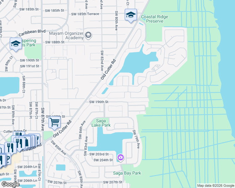 map of restaurants, bars, coffee shops, grocery stores, and more near 7962 Southwest 195th Terrace in Cutler Bay