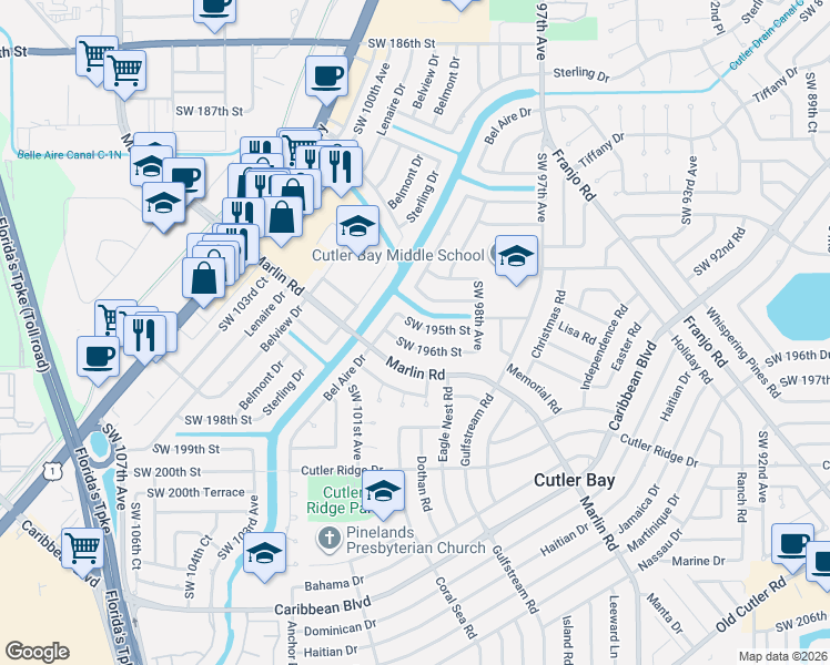 map of restaurants, bars, coffee shops, grocery stores, and more near 9962 Southwest 196th Street in Cutler Bay