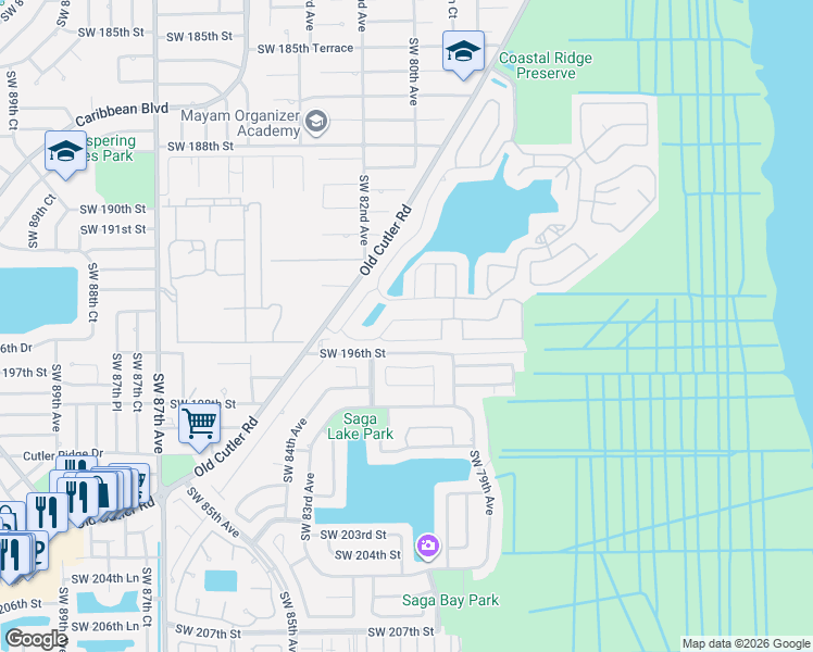 map of restaurants, bars, coffee shops, grocery stores, and more near 7962 Southwest 195th Terrace in Cutler Bay