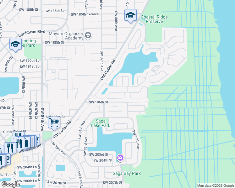map of restaurants, bars, coffee shops, grocery stores, and more near 7962 Southwest 195th Terrace in Cutler Bay