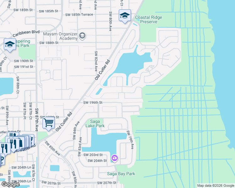 map of restaurants, bars, coffee shops, grocery stores, and more near 19508 Southwest 79th Court in Cutler Bay