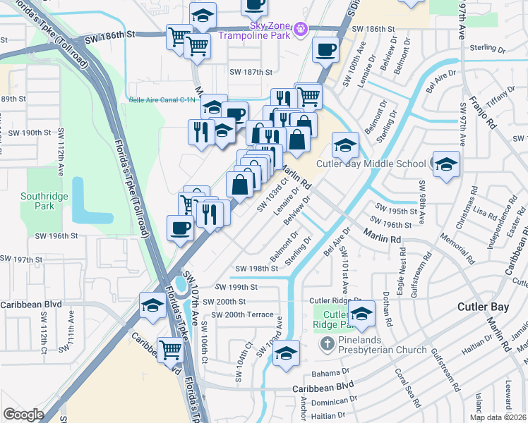 map of restaurants, bars, coffee shops, grocery stores, and more near 19515 Lenaire Drive in Cutler Bay