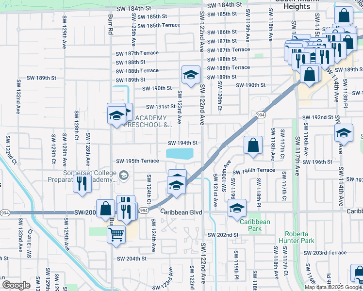 map of restaurants, bars, coffee shops, grocery stores, and more near 12273 Southwest 195th Terrace in Miami