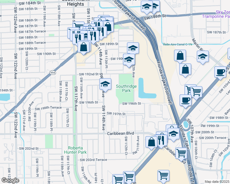 map of restaurants, bars, coffee shops, grocery stores, and more near 19355 Southwest 114th Avenue in Miami