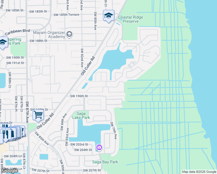 map of restaurants, bars, coffee shops, grocery stores, and more near 19537 Southwest 79th Court in Cutler Bay