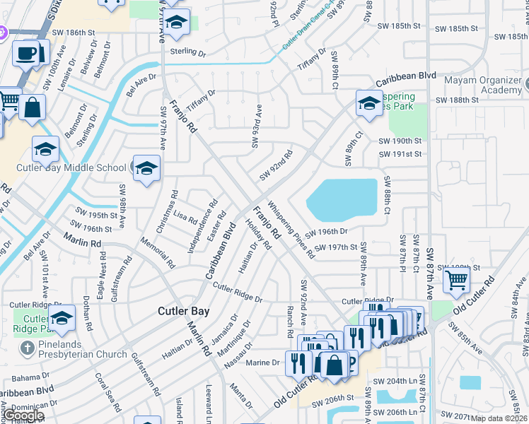 map of restaurants, bars, coffee shops, grocery stores, and more near 19431 Whispering Pines Road in Cutler Bay
