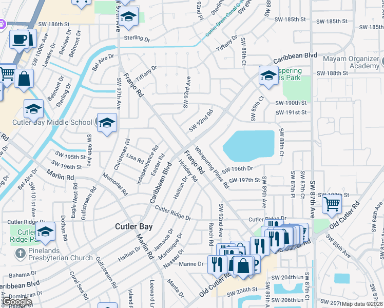map of restaurants, bars, coffee shops, grocery stores, and more near 19431 Whispering Pines Road in Cutler Bay