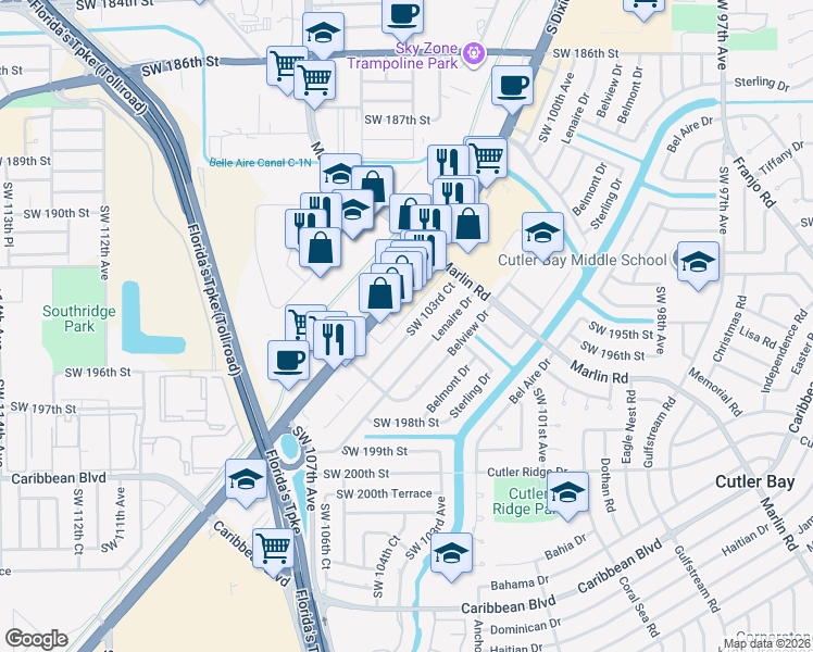 map of restaurants, bars, coffee shops, grocery stores, and more near 19455 South Dixie Highway in Cutler Bay