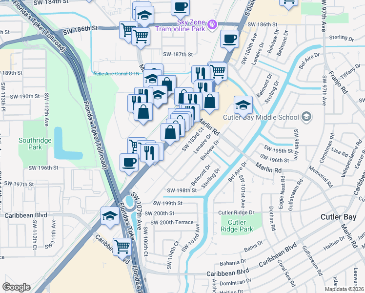 map of restaurants, bars, coffee shops, grocery stores, and more near 19455 South Dixie Highway in Cutler Bay
