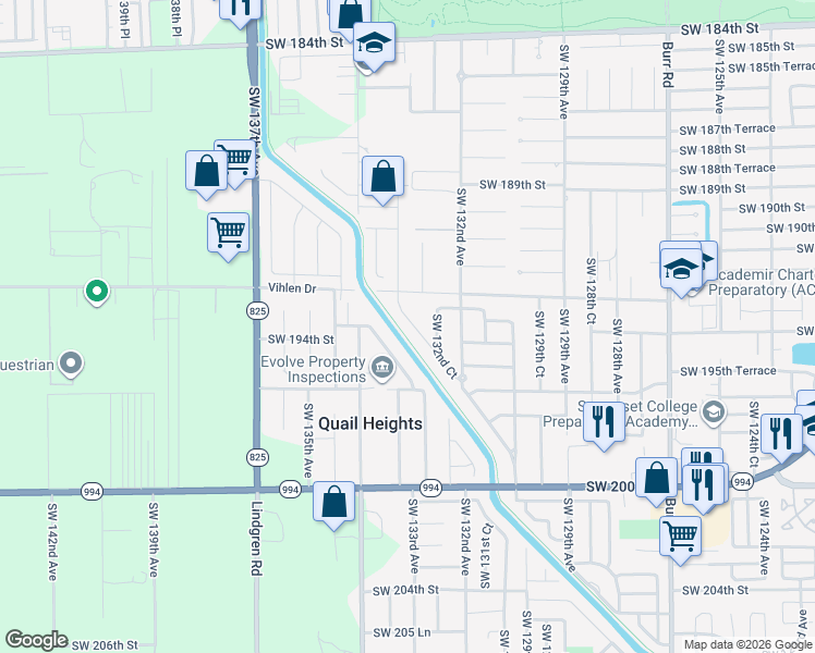 map of restaurants, bars, coffee shops, grocery stores, and more near 13350 Southwest 192nd Street in Miami