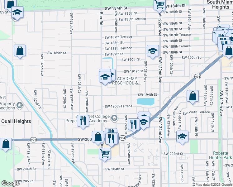 map of restaurants, bars, coffee shops, grocery stores, and more near 19370 Southwest 125th Avenue in Miami