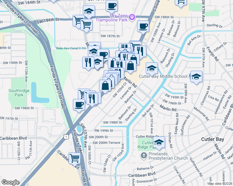 map of restaurants, bars, coffee shops, grocery stores, and more near 19403 Southwest 103rd Court in Cutler Bay