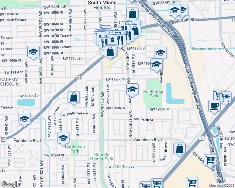 map of restaurants, bars, coffee shops, grocery stores, and more near 11501 Southwest 193rd Terrace in Miami
