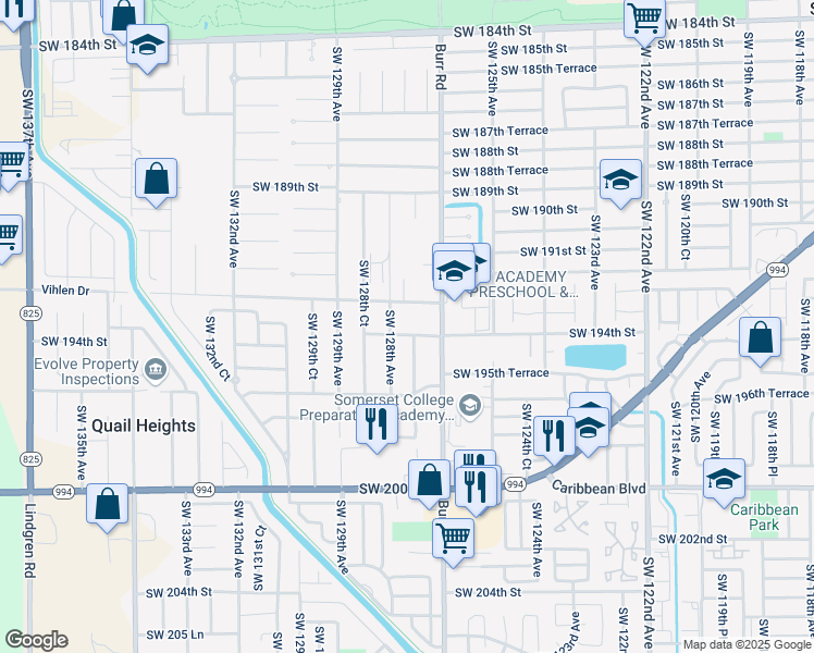 map of restaurants, bars, coffee shops, grocery stores, and more near 12780 Southwest 192nd Street in Miami