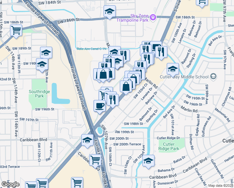 map of restaurants, bars, coffee shops, grocery stores, and more near 19500 South Dixie Highway in Cutler Bay