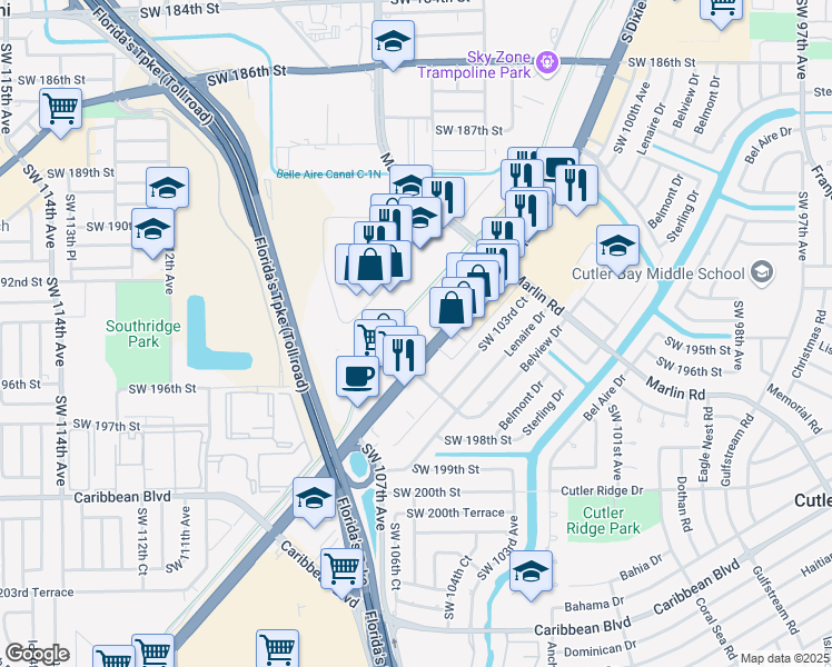 map of restaurants, bars, coffee shops, grocery stores, and more near 19500 South Dixie Highway in Cutler Bay