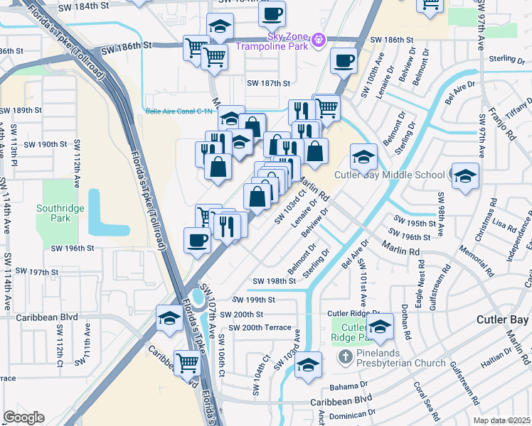 map of restaurants, bars, coffee shops, grocery stores, and more near 19455 South Dixie Highway in Cutler Bay