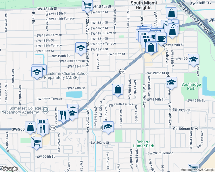map of restaurants, bars, coffee shops, grocery stores, and more near 19336 Southwest 119th Place in Miami