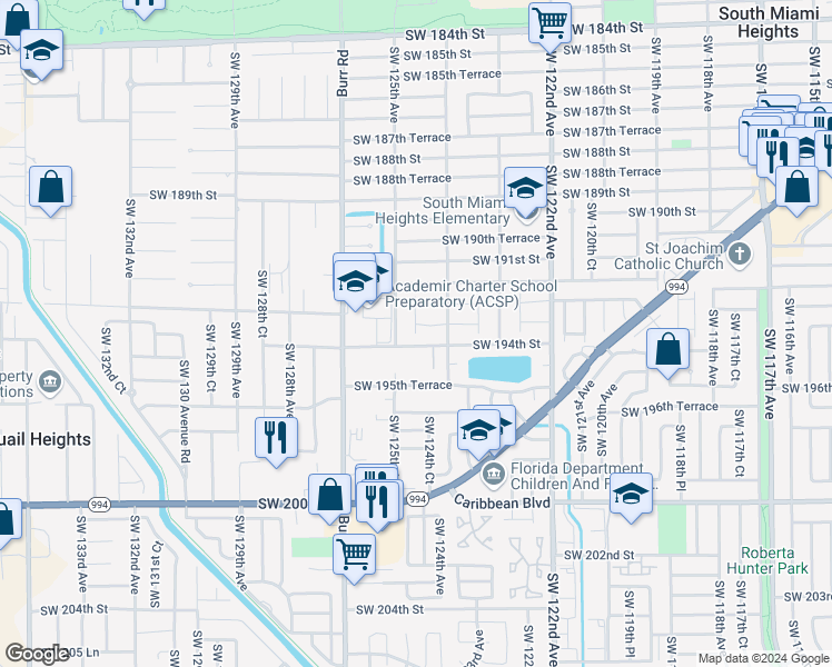 map of restaurants, bars, coffee shops, grocery stores, and more near 12442 Southwest 193rd Street in Miami