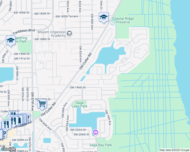 map of restaurants, bars, coffee shops, grocery stores, and more near 19388 Southwest 79th Place in Cutler Bay