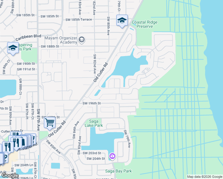 map of restaurants, bars, coffee shops, grocery stores, and more near 19388 Southwest 79th Place in Cutler Bay