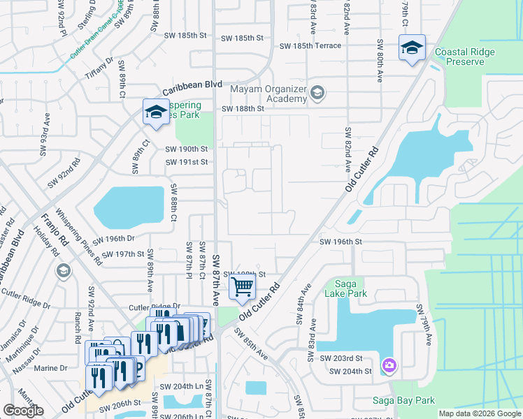 map of restaurants, bars, coffee shops, grocery stores, and more near 8366 Southwest 193rd Street in Miami