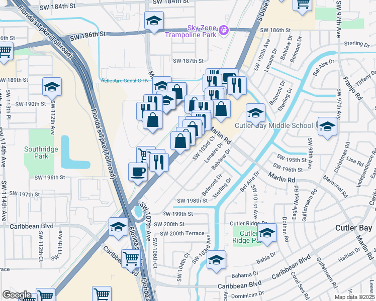 map of restaurants, bars, coffee shops, grocery stores, and more near 19455 S Dixie Hwy in Cutler Bay